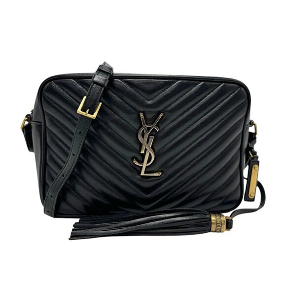 Auth SAINT LAURENT Lou Crossbody Shoulder Bag Black Leather/Goldtone - z3237